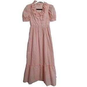 Vtg Cottagecore Maxi Dress Pink Flocked Floral Ruffle Neck Sz XS Gingham